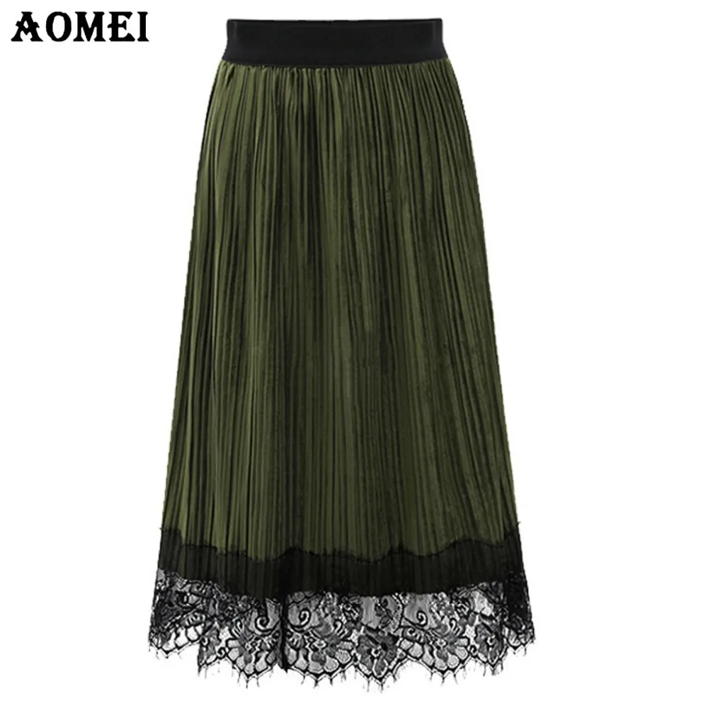 Зеленая плиссированная юбка с высокой талией и кружевной отделкой в винтажном