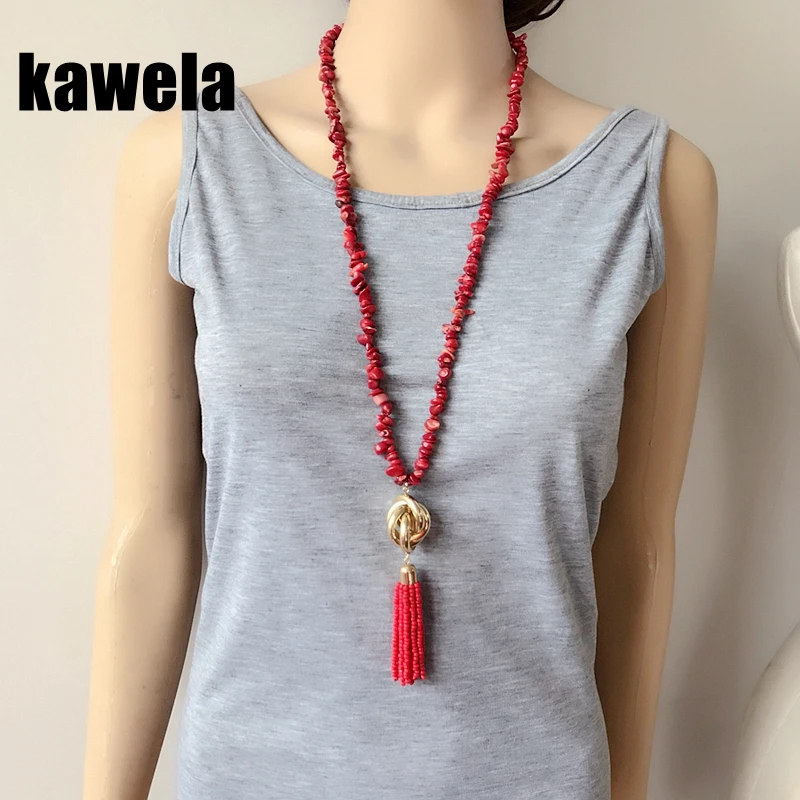 Модное Элегантное длинное ожерелье с подвеской-кисточкой из Красного Камня