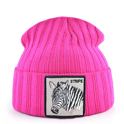 Pink Вязаные шапки бини для мужчин Осень Зима Skullies бини с вышивкой нашивка-Зебра модная вязанная шляпа для женщин хип-хоп Gorras - Цвет: Pink