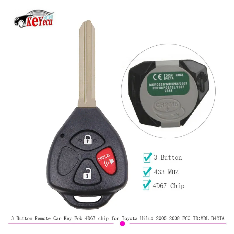 KEYECU 3 Butto дистанционный ключ 433 МГц 4D67 чип для Toyota Hilux 2005-2008, 4Runner2003-2009, Hilux Vigo, Fortuner, MDL B42TA