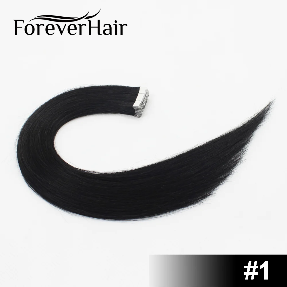 #1 FOREVER HAIR Tape In человеческие волосы для наращивания 14, 16, 18, 20 искусственные волосы одинаковой направленности волос на Клейкой Ленте ПУ кожи Weft невидимые 20 шт - Цвет: #1