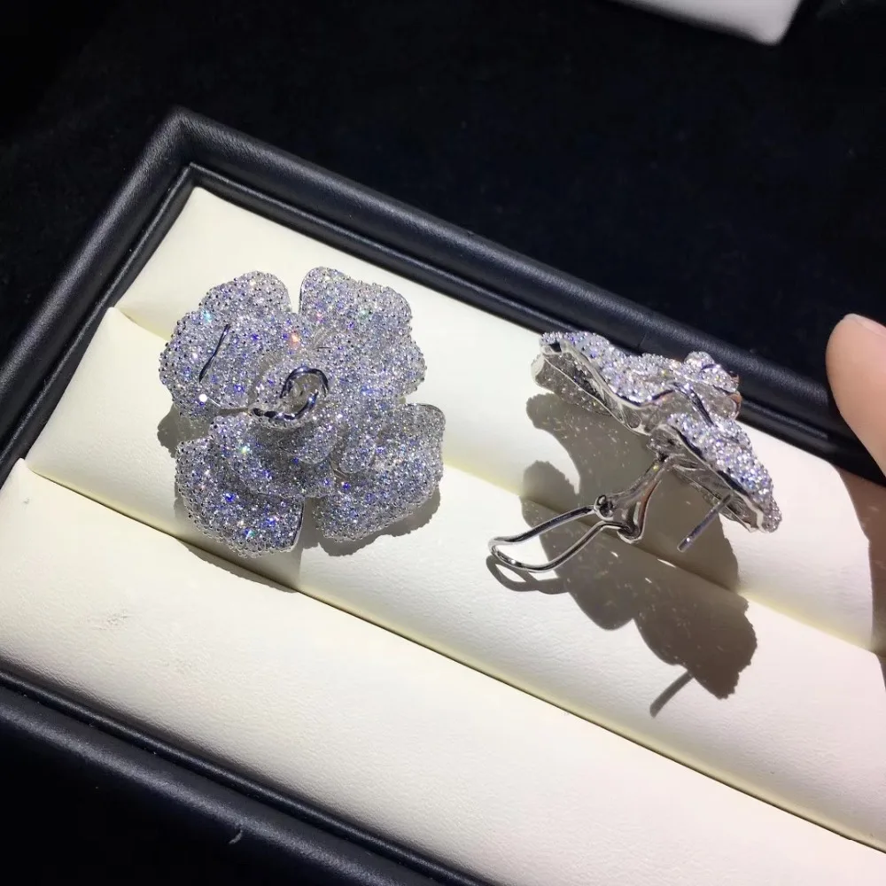 

hyperbole 925 sterling silver with cubic zircon flower stud earring big flower large earring camellia rose blue white color