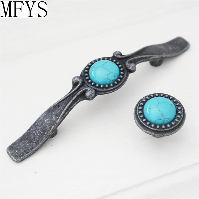 

MFYS 3 Inch Antique Black Handle for Cabinets and Drawers Blue Door Knobs Dresser Pulls Handles Vintage Alloy Furniture Hardware