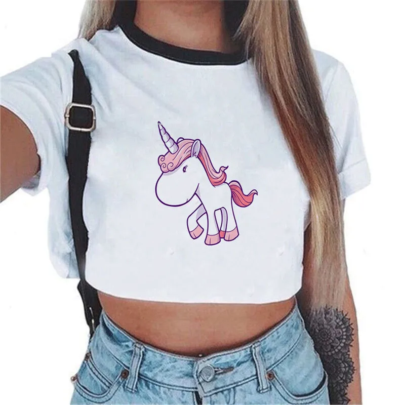 2018 летний женский Повседневный пуловер короткий топик Harajuku tumblr Unicorn футболка Femme