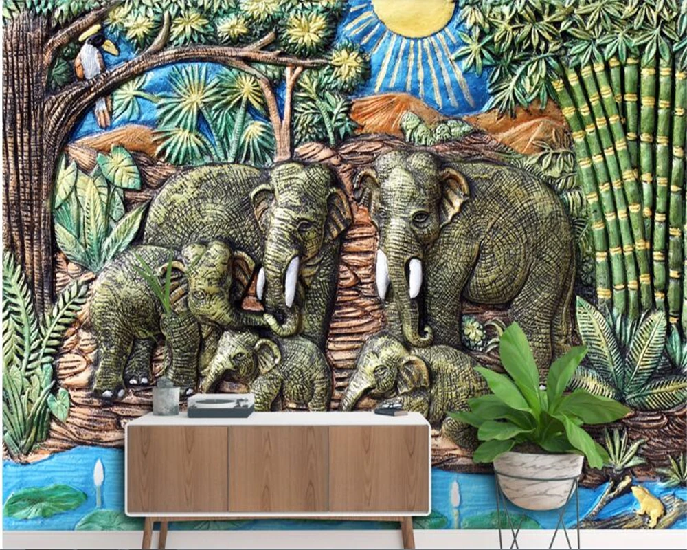 beibehang Custom fashion personalized wallpaper Southeast Asia style elephant wood relief mural wall paper home decor background |