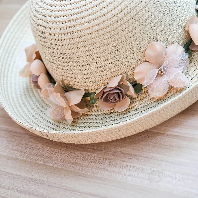 Женская соломенная шляпа с широкими полями и цветами летняя пляжная от солнца