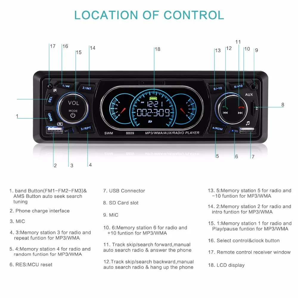 Onever Bluetooth автомобильный mp3-плеер 1-Din автомобильный стерео аудио mp3 радио плеер Поддержка USB/FM приемник с беспроводным пультом дистанционного управления
