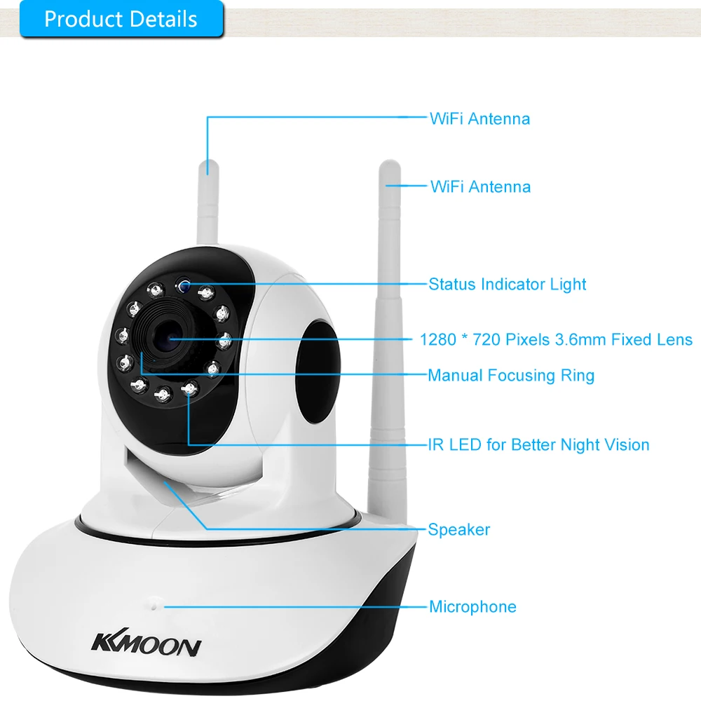 Беспроводная IP-камера HD 720P с поддержкой Wi-Fi панорамирования наклона 1/4 МП CMOS