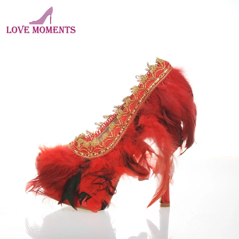 

Туфли-лодочки женские на высоком каблуке, пикантная красная обувь ручной работы с перьями для ночного клуба, вечеринки, свадебного торжеств...