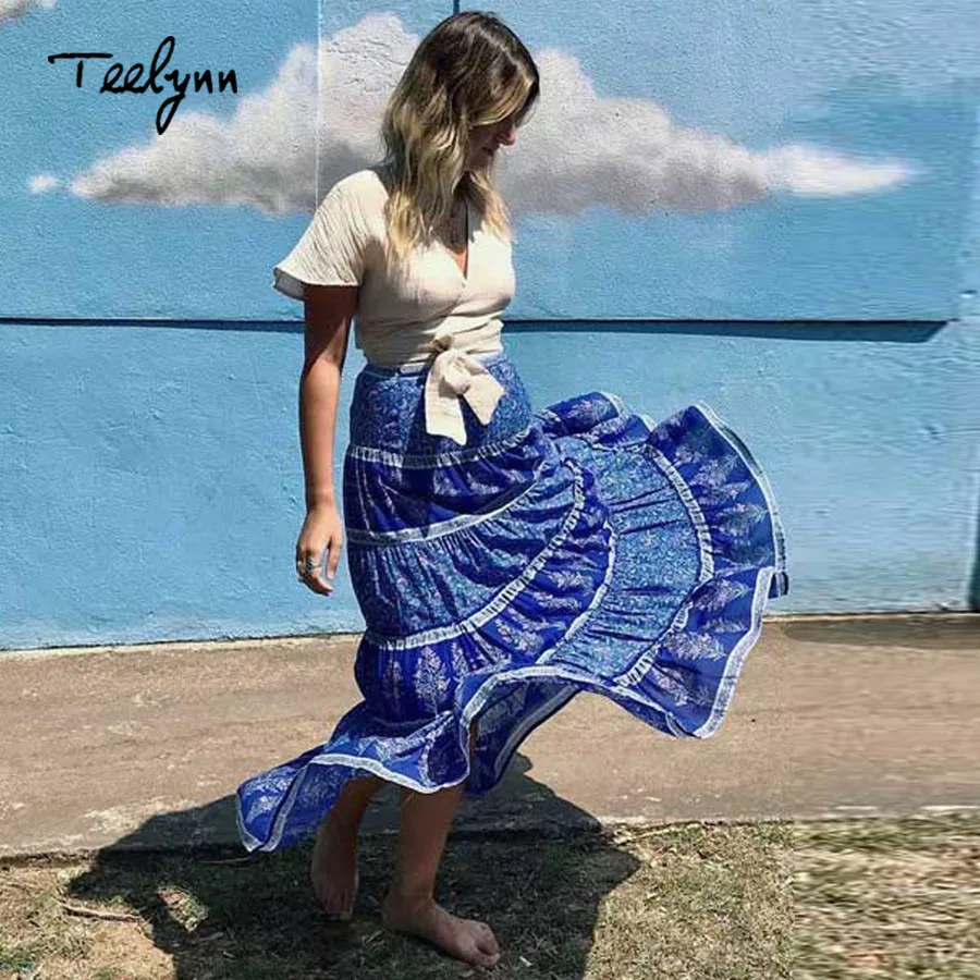 TEELYNN boho skirt 2018 autumn Rayon blue floral print large swing women beach wear Casual Hippie a-line long skirts falda | Женская