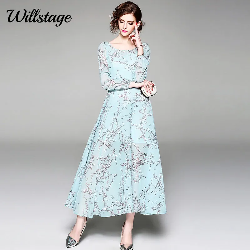 Willstage 2018 Летние шифоновые платья Элегантное синее Длинное Макси платье в стиле