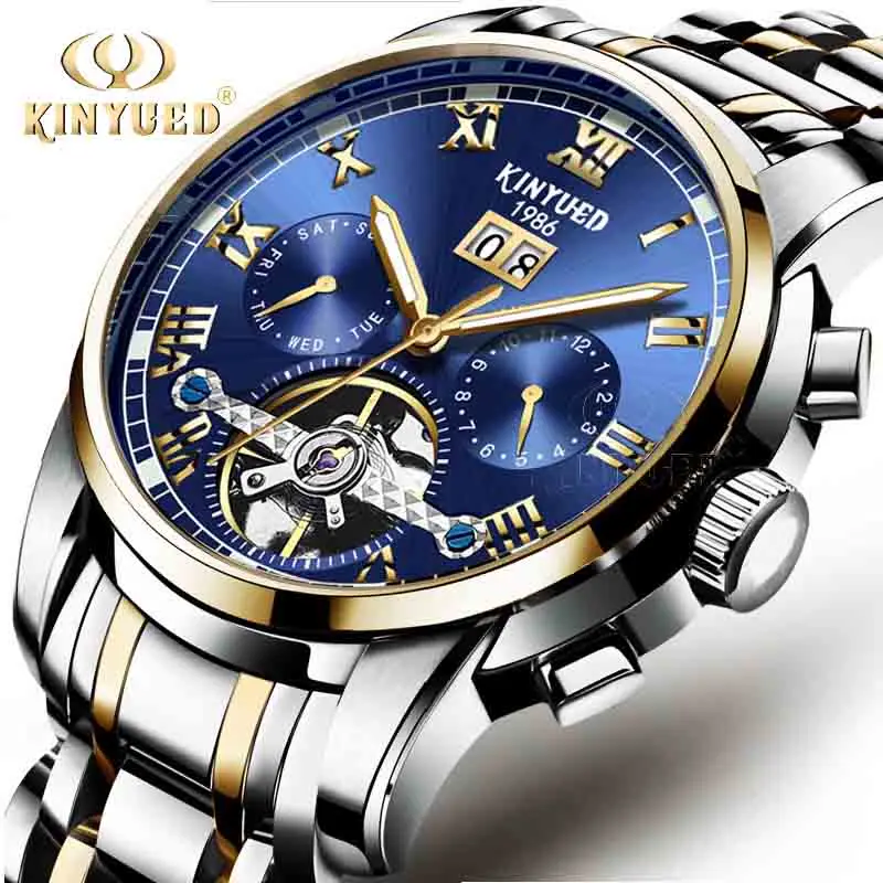 Gold Blue Silver KINYUED Топ бренд класса люкс для мужчин s часы автоматические механические часы для мужчин Нержавеющая сталь Сапфир календарь Relogio Masculino - Цвет: Gold Blue Silver
