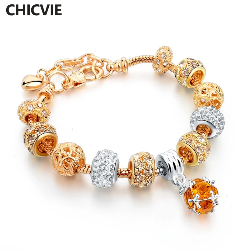 

CHICVIE Gold Beads Charm Love Bracelets & Bangles for Women With Crystal Stones DIY Vintage Jewelry Custom Bracelet SBR160011