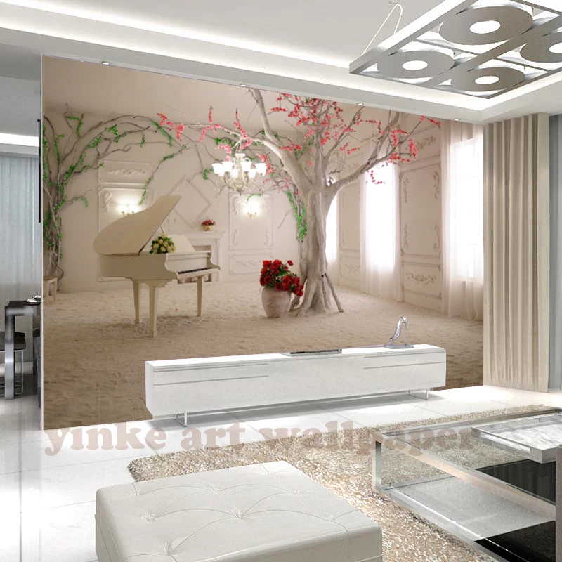 Настенная 3D фотобумага под заказ современное пианино и дерево Нетканая