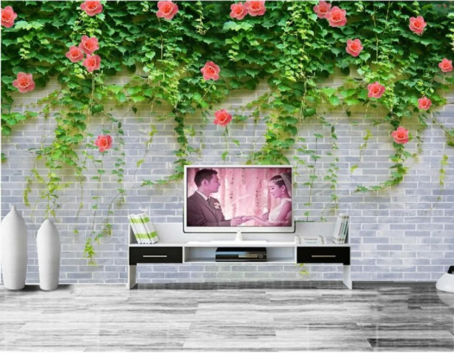 Большие фотообои на заказ с рисунком кирпичной стены зеленые листья и красные