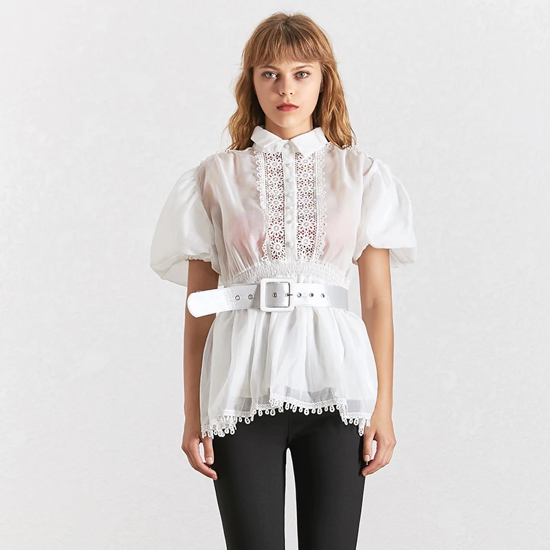 TWOTWINSTYLE Elegant Embroidery Patchwork Women Blouse Lapel Collar Half Sleeve Tunic Chiffon Shirt Female Fashion Summer