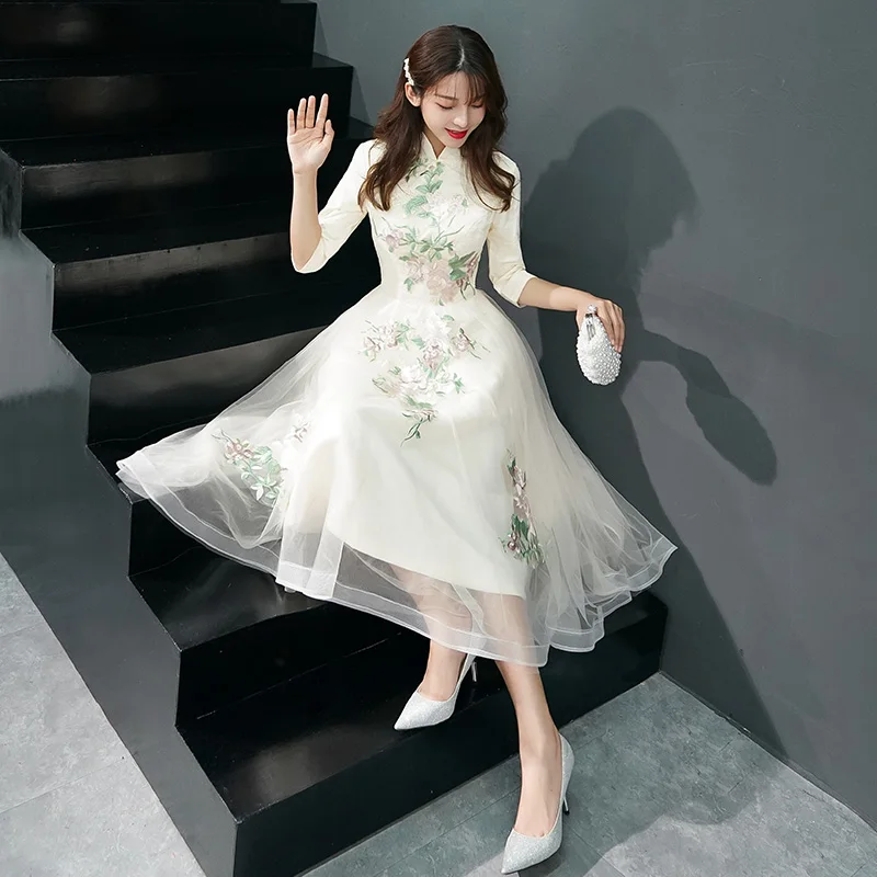 Шампанское cheongsam платье миди элегантные китайские платья Цветочные Junior высокие платья для выпускного вечера, для вечера встречи выпускников платья выпускного вечера TS555