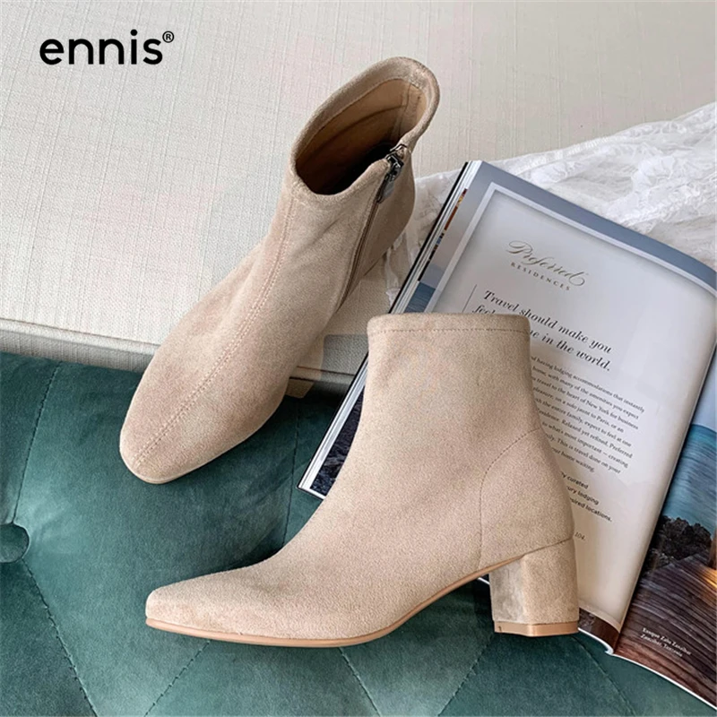 ENNIS/; осенние женские ботильоны; повседневные замшевые ботинки на толстом каблуке; женские ботинки с круглым носком; модная обувь в европейском стиле; A958