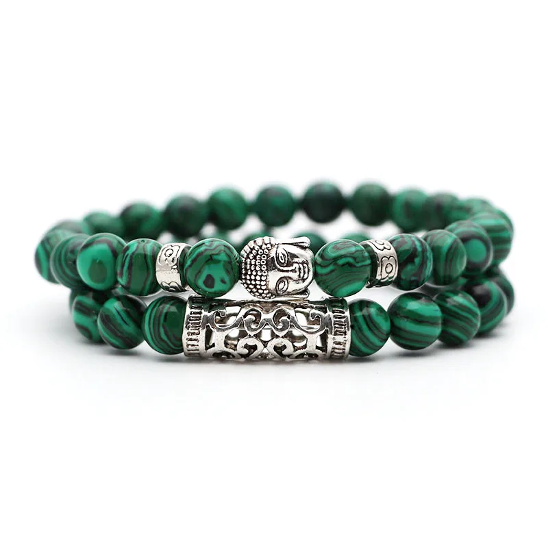 Родиевое покрытие 2pcs set Black Lava Stone Prayer Beads Buddha Men Bead Bracelet Beaded Bracelets for Women and Mens Pulseras Masculina - Окраска металла: Родиевое покрытие