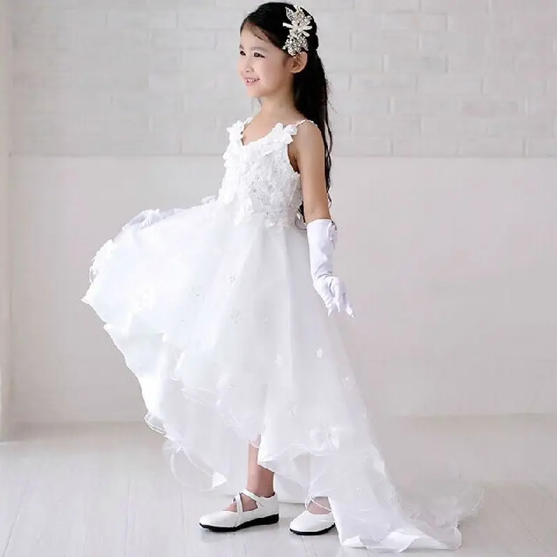 Children Short Front Long Back Wedding Dress with Flower Lace Train Prom White Kid Girl Formal Dresses Size 3 To 12 14 | Детская одежда