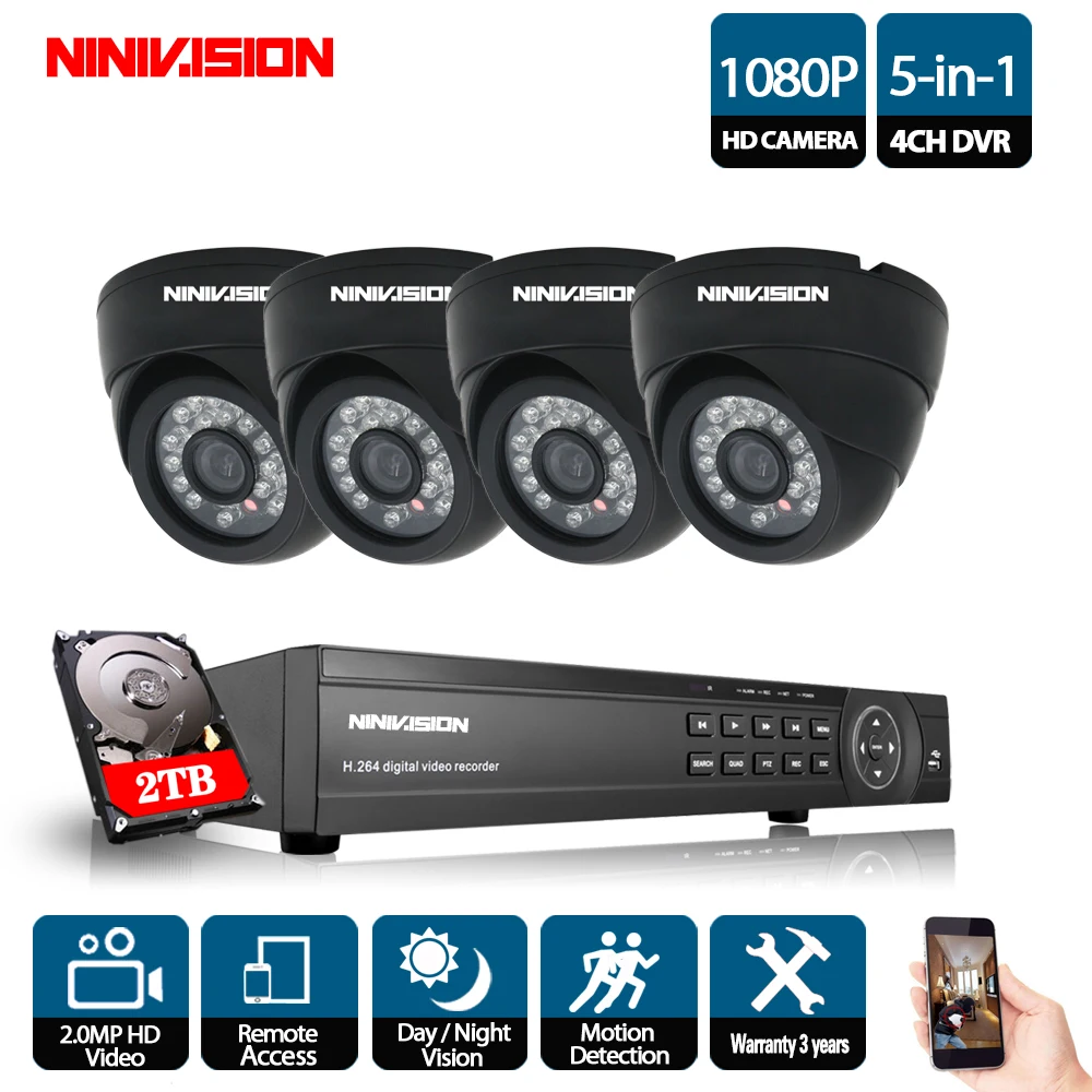 

Комплект охранного видеонаблюдения NINIVISION HD 4CH 1080P 5 в 1 AHD DVR, система видеонаблюдения, 4 шт. 2.0MP 1080P комнатная купольная ИК-камера 2MP P2P, комплект ...