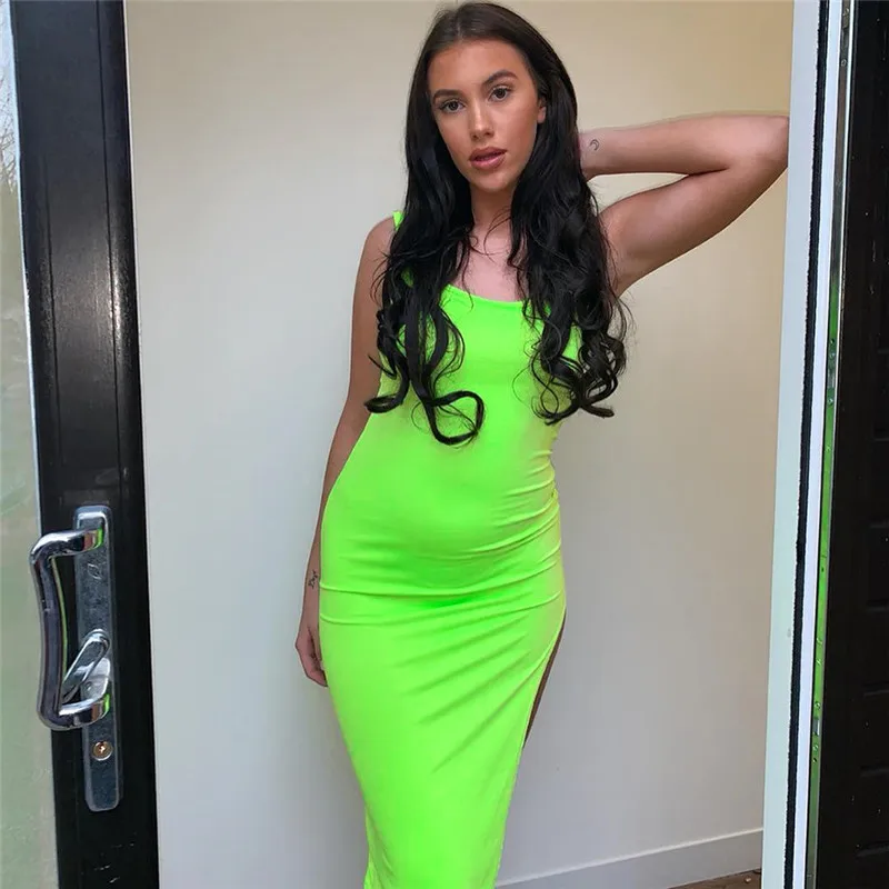 WLWXR сексуальное Клубное облегающее платье с разрезом женский сарафан зеленое