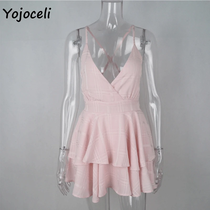 Yojoceli sexy boho beach ruffle jumpsuit romper summer 2019 plaid v neck strap playsuit party bow rompers | Женская одежда