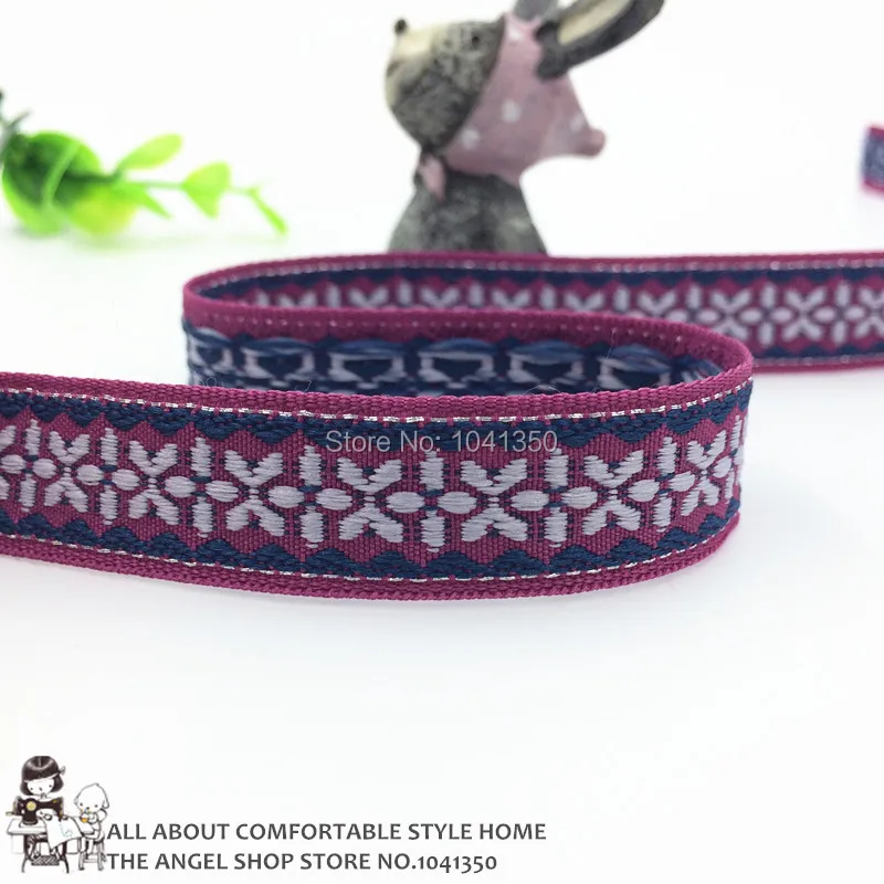 

2015 NEW wholesale 5/8''(16 mmx10yards) purple base grey flower woven jacquard ribbon/webbing for handmade label