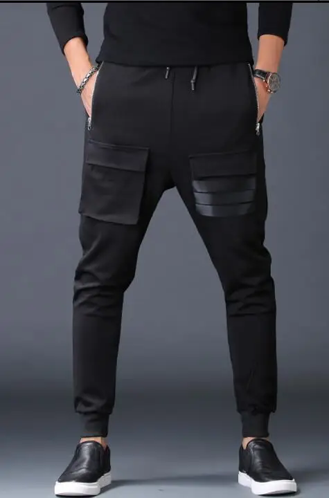 

Splice mens pants loose harem pant men feet trousers personality pantalones hombre cargo pantalon homme black autumn winter