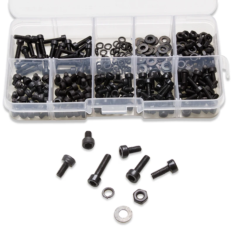 

ZENHOSIT 300PCS Carbon Steel Black Column Hexagon Screw Bolts&Nut Flat Pad Washers Spring Washer Box Assortment Kit