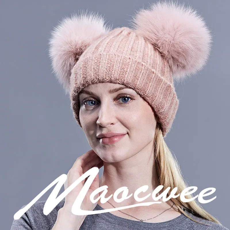 Шапка с помпоном из натурального Лисьего меха для женщин, детей, девочек, зимние шерстяные шапки для женщин, милые шапки с двумя помпонами, вязаные шапки Skullies, женская шапка