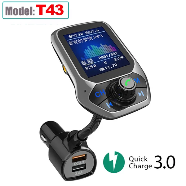 T43 Автомобильное зарядное устройство комплект Bluetooth fm-передатчик модулятор Автомобильный адаптер 3 USB порта AUX порт QC3.0 TF карта с экраном 1,8 дюйма - Название цвета: T43