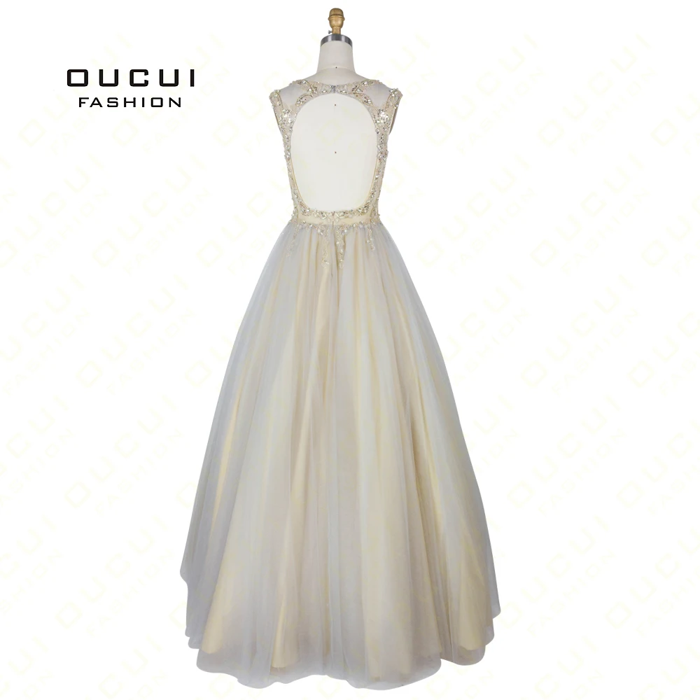 Tulle Open Back Crystal Sexy Prom Dresses Long Party Dress O-Neck Cap Sleeves Wear Elegant Ball Gown Vestidos Largos OL102754 | Свадьбы и