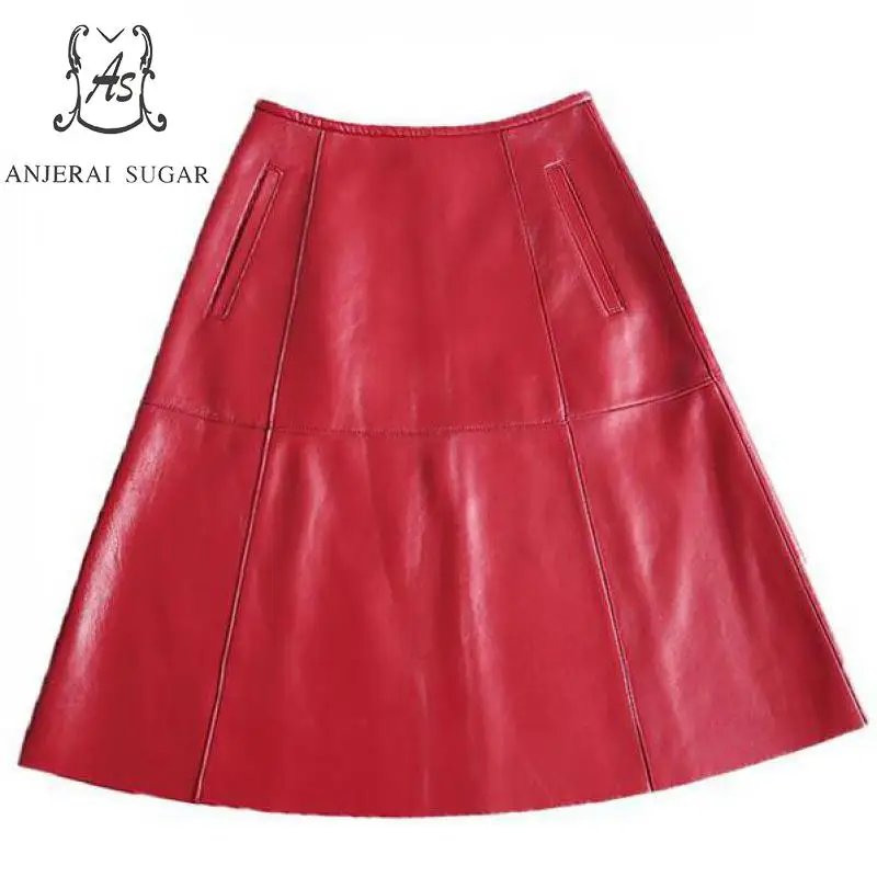 Демисезонный женщин из натуральной овечьей кожи юбка красный пикантные Тонкий