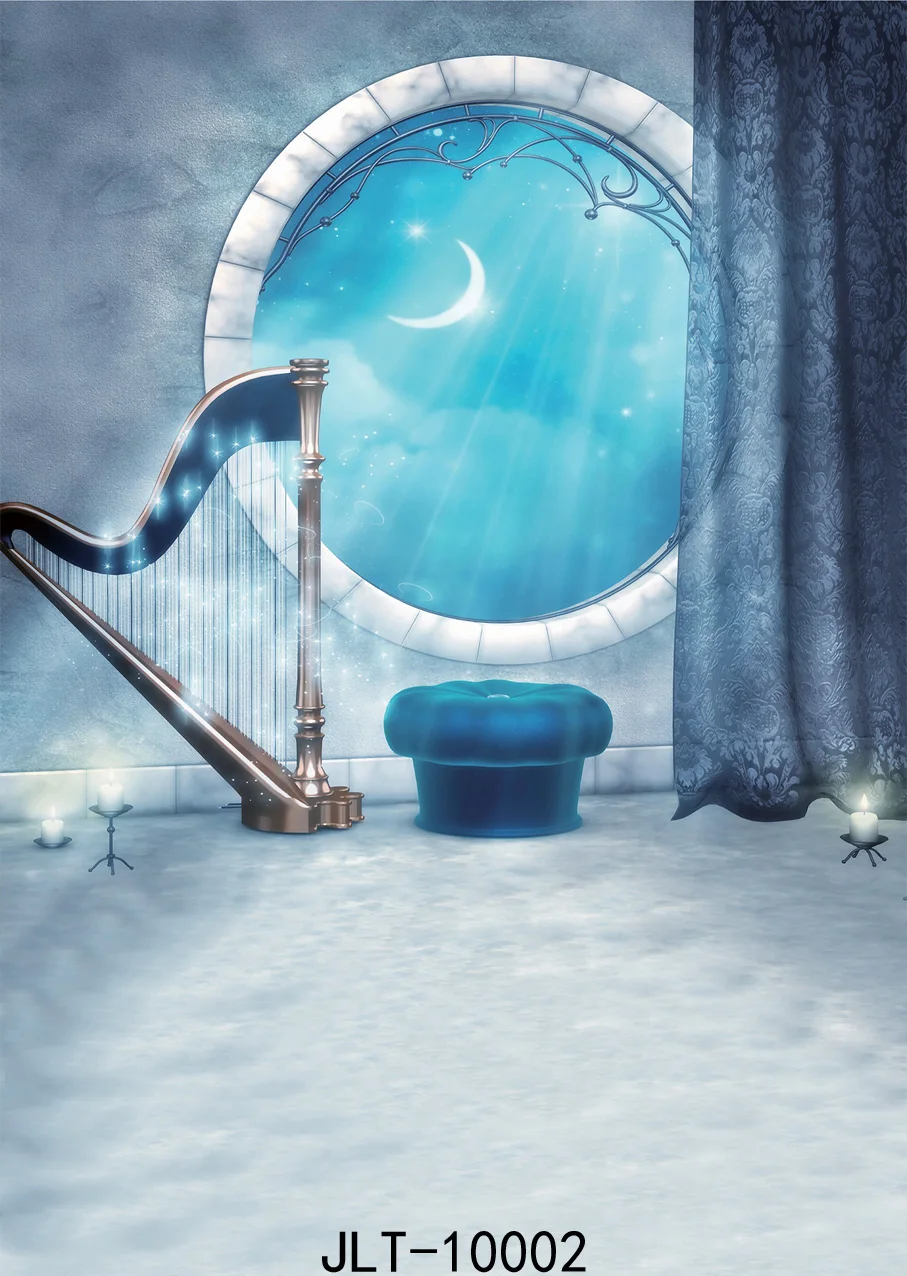 Fairy Tale Style Photography Backdrops Round Window Moon Candle Piano Photo Background Halloween Backdrop Vinyl Cloth for Studio