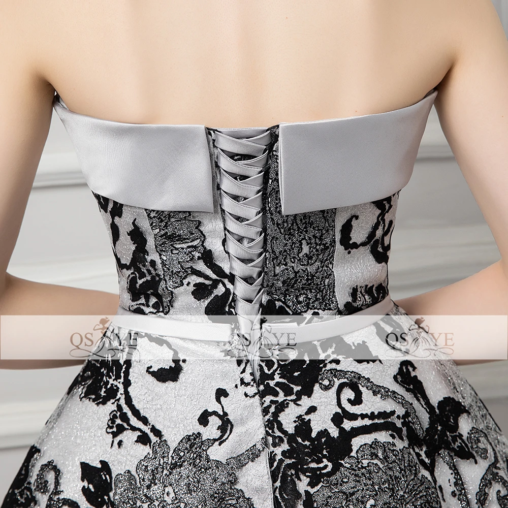 QSYYE 2018 Vintage Saudi Arabia Prom Dresses Puffy A-line Strapless Silver Satin Black Lace Formal Evening Dress Party Gown | Свадьбы и