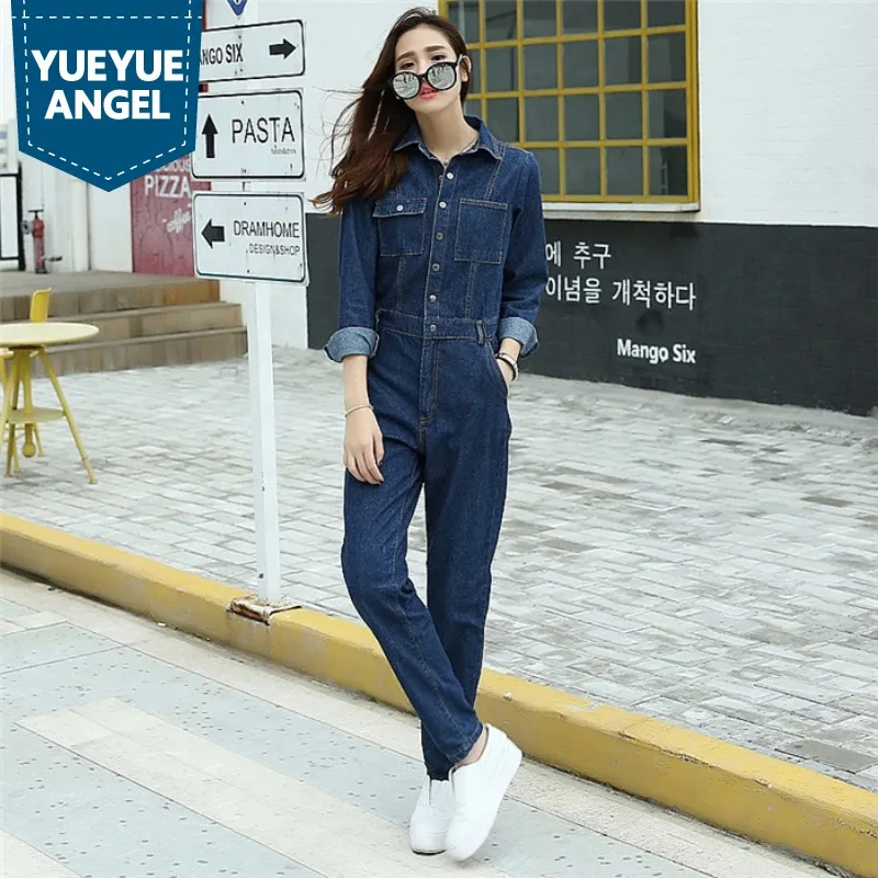 

Fashion Ladies Vintage Navy Blue Jean Overalls Single Breasted Full Sleeve Denim Overall Jumpsuits For Women Office Lady Pockets