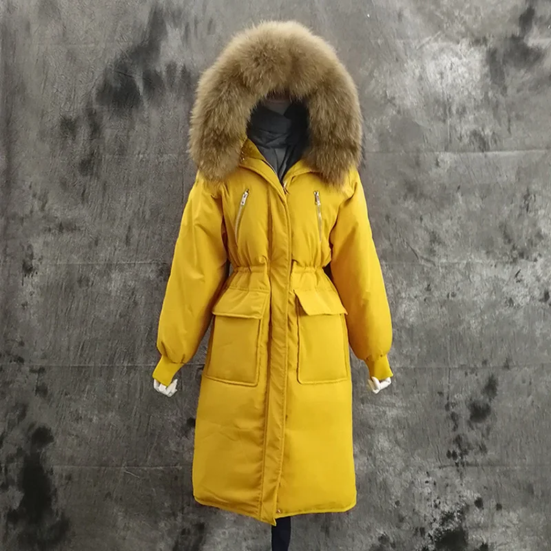 Large Real Fur Collar Hooded Long Down Parkas Winter White Duck Down Jacket Loose Overcoat Female Women Coat Snow Outwear