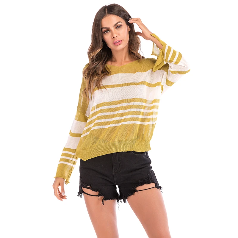 2018 Fashion Women Full Sleeve Tops Thin Hollow Out Striped Loose Female Knit Sweater V-Neck Fall Spring Causal Femme |