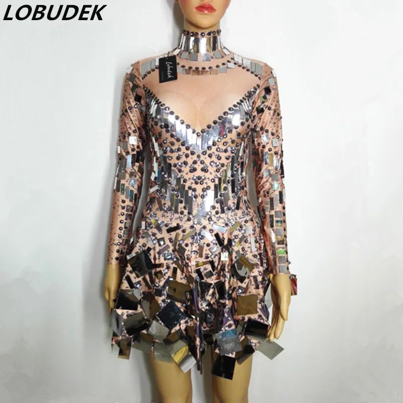 

Singer Dancer Groups Modern Jazz Dance Performance Costume Silver Sequins Crystals Glitter Mirrors Long Sleeve Mini Short Dress