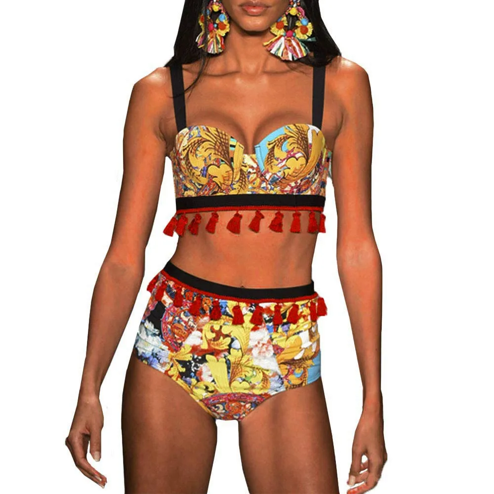 Женский раздельный купальник купальный костюм бикини с кисточками этнический