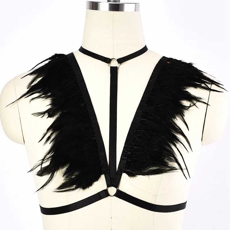 Женский бюстгальтер из черного пера Goth с отверстиями ремешком для тела