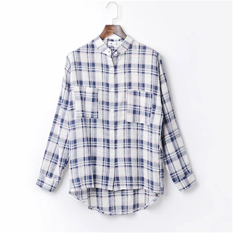 Осенью новый два карманы хлопчатобумажное бельё рубашки Для женщин О-образным