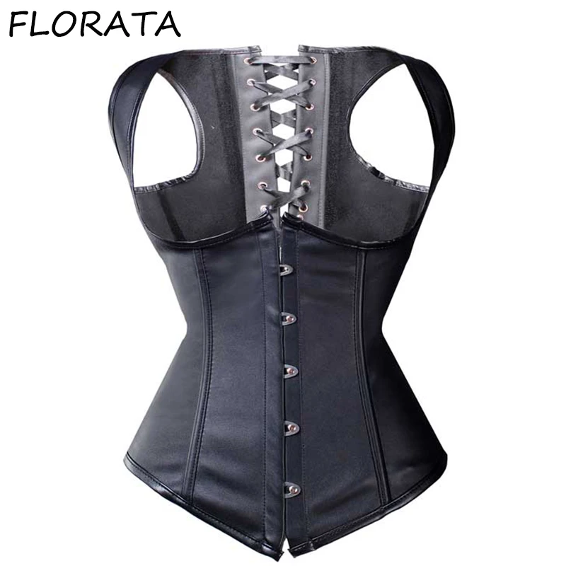 FLORATA черный сексуальный 8 спиральных стальных костей стимпанк искусственная кожа корсет под грудь Топ приталенное бюстье