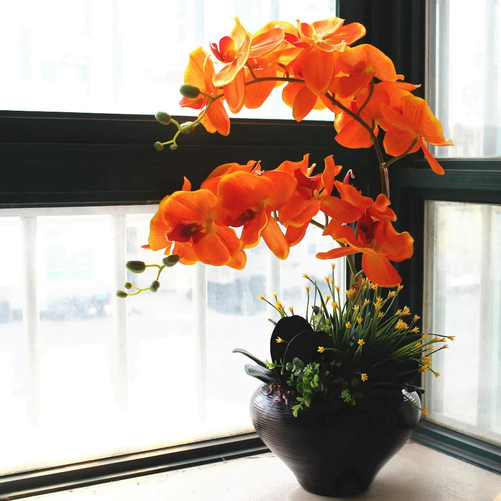 1 комплект оранжевые орхидеи тканевые цветы с листьями искусственные без