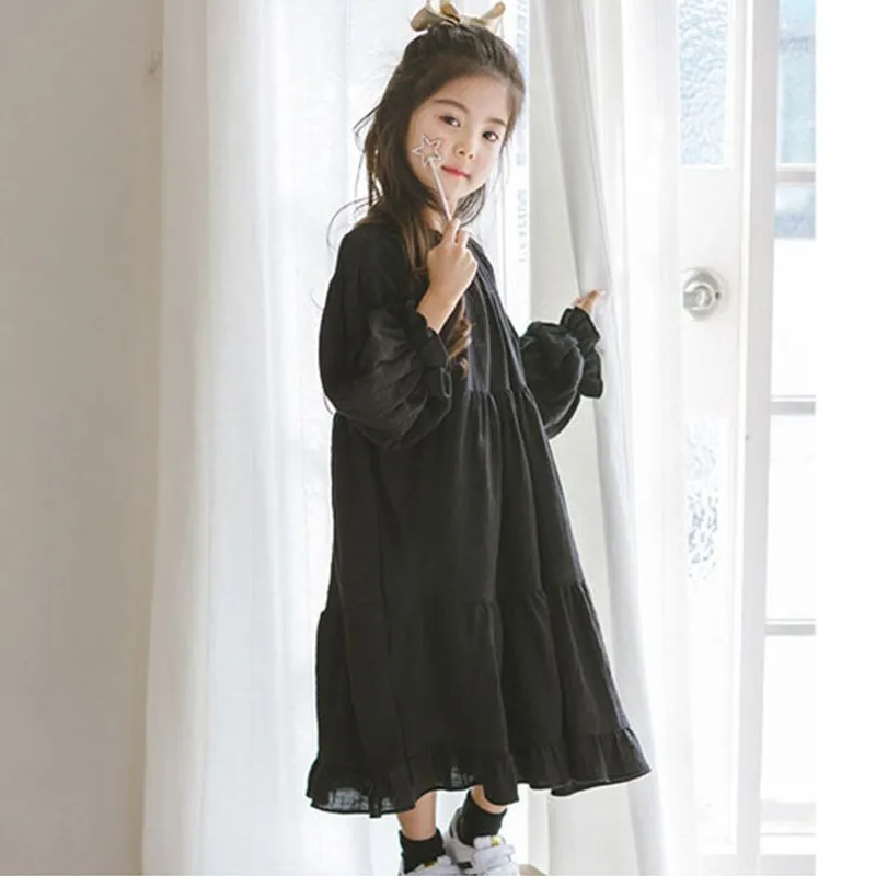 Back To School Clothing Cotton Linen Long Big Girls Dress Princess Black Children Sleeve Dresses Loose Toddler Baby Clothes |