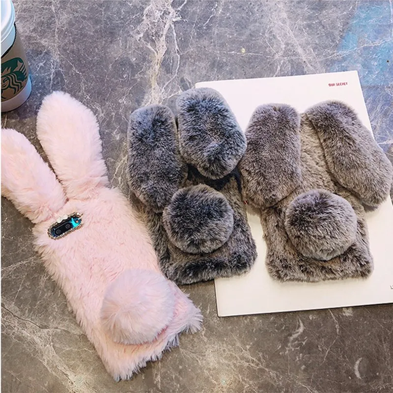 Cute Fluffy Rabbit Hair Fur Phone Case for HTC U12 PLUS/LIFE U11 U Play 10 EVO Google Pixel 3 XL 2 XL Diamond Plush Bunny Cover