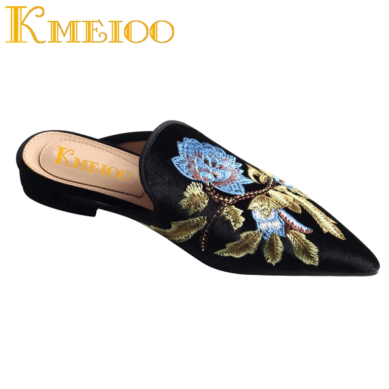 Женские туфли без задника Kmeioo модные с вышивкой на плоской подошве мюли сланцы