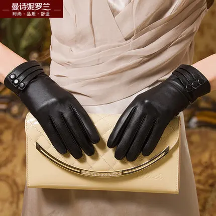 Зимние перчатки из натуральной кожи для сенсорного экрана женские утолщенные