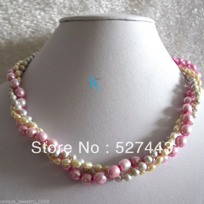 

Wholesale free shipping 17" 4-8mm Multi Color 3Row Freshwater Pearl Necklace